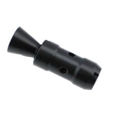 Black oxided steel 7.62 Krink 14-1 LH flash hider, angled view of conical end.