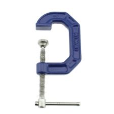 Small blue one-inch capacity C-clamp with metallic screw.