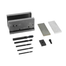 AK-Builder black oxide AKM receiver drilling fixture kit, with included drill bits and supports.