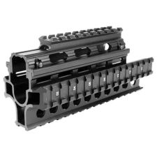 Black anodized Yugo M70 OPAP quad rail handguard, angled view showing Picatinny rails.