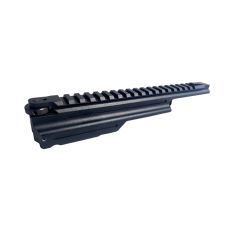Side view of TDi AK Dust Cover with integrated Picatinny rail, matte black hard coat anodized.