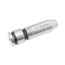 Angled view of a single uncoated steel 7.62x39 Russian spec headspace gauge with stepped profile.
