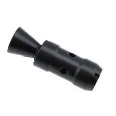Black oxided steel 7.62 Krink 14-1 LH flash hider, angled view of conical end.