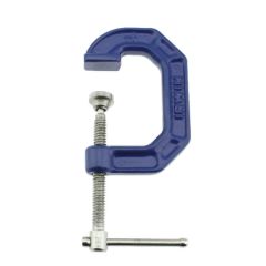 Small blue one-inch capacity C-clamp with metallic screw.