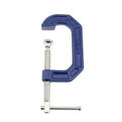 Two inch capacity C-clamp, dark blue painted body, metallic clamping screw.