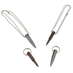 Two silver-handled tools with dark tips, two dark pins with rings.