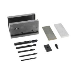 AK-Builder black oxide AKM receiver drilling fixture kit, with included drill bits and supports.
