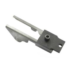 Angled view of AK-Builder steel Rail Alignment Fixture showing front clamp and screw.