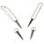 Two silver-handled tools with dark tips, two dark pins with rings.