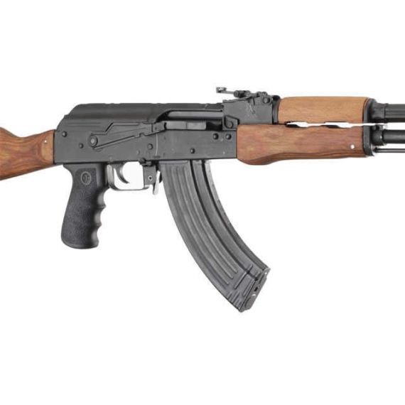 Side view of Hogue AK-47/AK-74 rubber grip with finger grooves installed on black AK receiver.