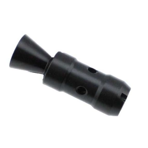 Black oxided steel 7.62 Krink 14-1 LH flash hider, angled view of conical end.