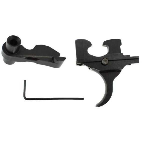 Blued Red Star 7.62/5.45 adjustable AK trigger, hammer, disconnector, and Allen wrench laid out.