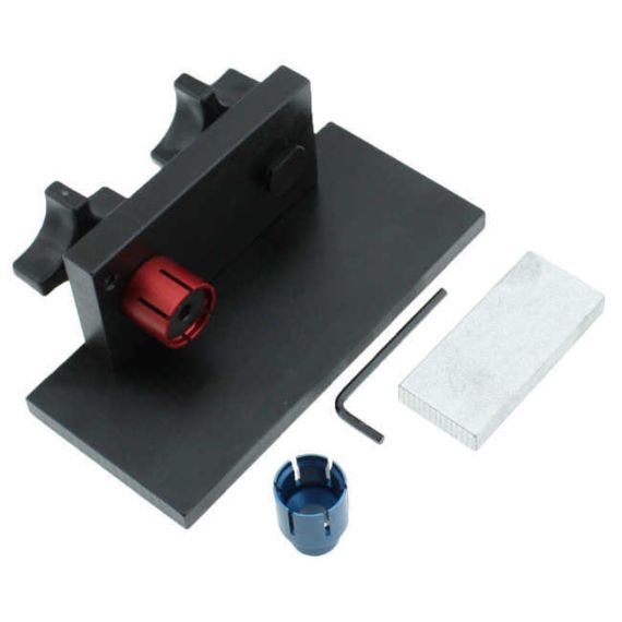 AK-Builder AK Trunnion Rivet Hole Drilling Fixture with red 7.62mm and blue 5.45mm mandrels.