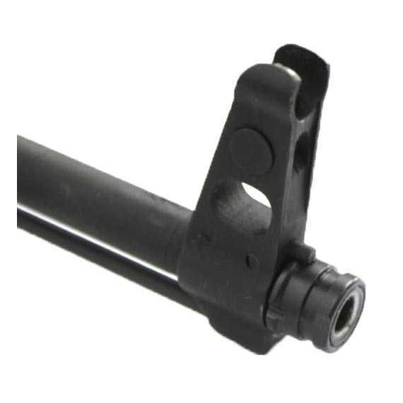 Close-up of AK-Builder Barrel Nut, 14x1 LH, on black finished AK barrel muzzle.