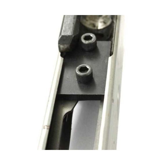 AK-Builder Rail Alignment Fixture, black oxide steel, installed in AK receiver, clamping lower bolt guide rail.