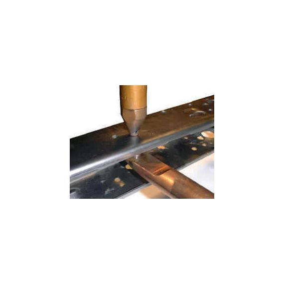 Close-up of AK-Builder Spot Welder Tong with screw-on tip welding an AK receiver rail.