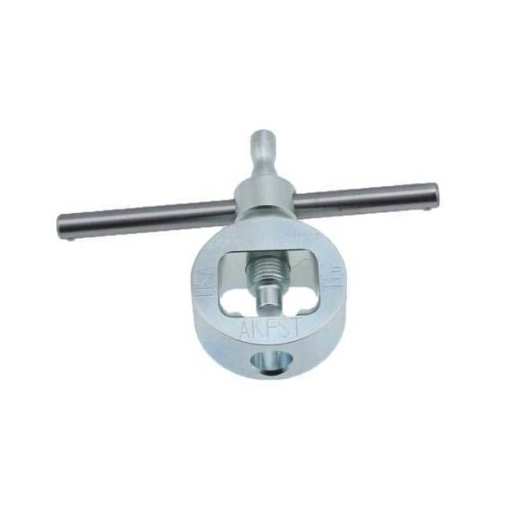 Angled view of the machined AKFST Heavy Duty Front Sight Tool with T-handle and full-circle clamp.