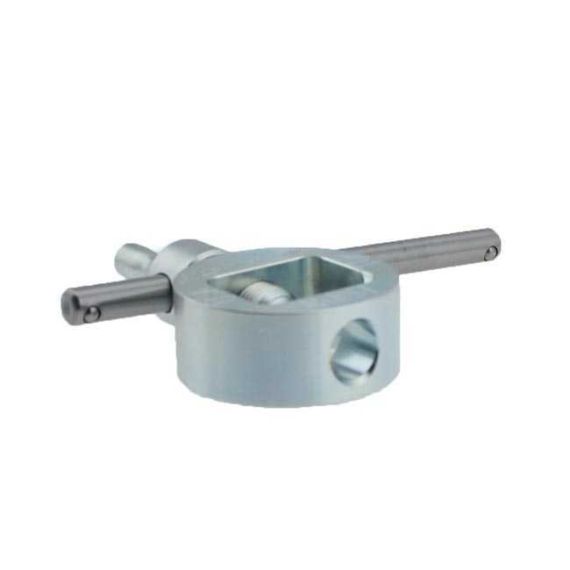 Angled view of AK-Builder AKFST Heavy Duty Front Sight Tool, bright machined body, robust windage and elevation rods.