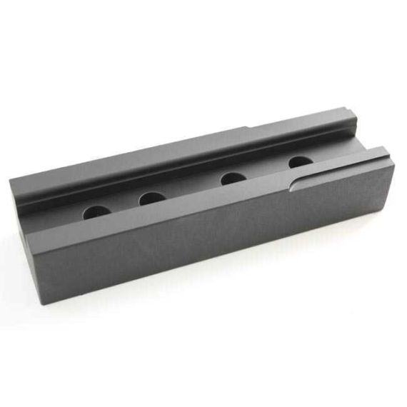 Angled view of AK-Builder machined steel flat bending die base with four alignment pin holes.