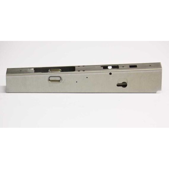 Side view of an unfinished steel AK receiver flat with lower bends formed.
