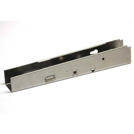 Angled view of formed AK receiver flat in the white, showing FCG and rivet holes.