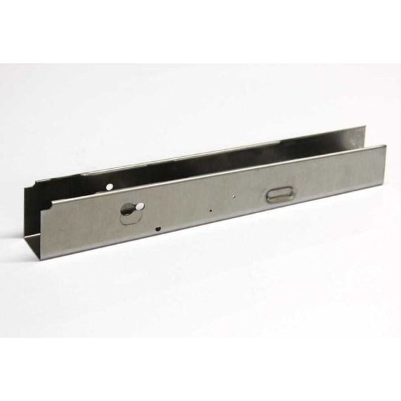 AK receiver flat in the white, showing formed U-bend, FCG holes, and selector dimple.