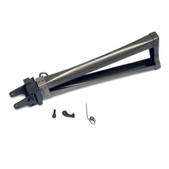 Angled view of parkerized Bulgarian triangle sidefolding stock with 4130 steel trunnion and pins.