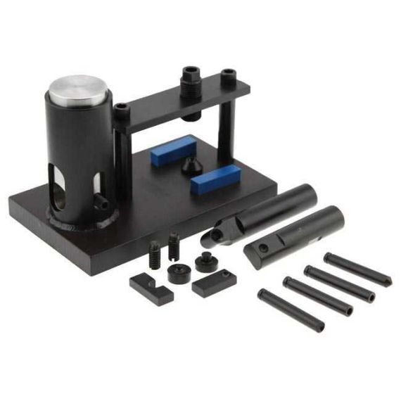 AK-Builder riveting press, black-finished, showing main unit, assorted dies and supports.
