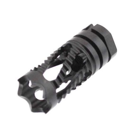 Black oxided AK-47 Phantom Flash Hider with twisted slots and 14-1 LH threads.