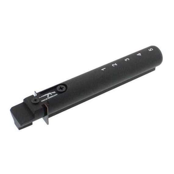Angled view: AK-Builder AK47/AK74 commercial 6061 T6 hard anodized buffer tube, rubber cap.