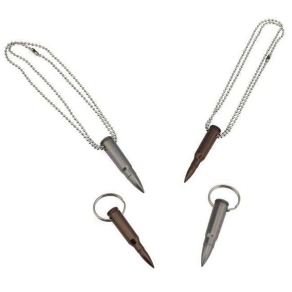 Two silver-handled tools with dark tips, two dark pins with rings.