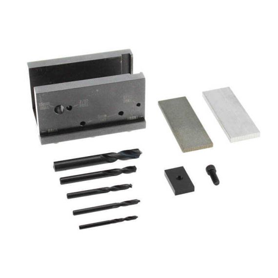 AK-Builder black oxide AKM receiver drilling fixture kit, with included drill bits and supports.