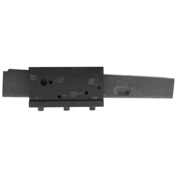 AK-Builder Receiver Blank Drilling Fixture, black oxide, with laser-marked pin holes on an AKM 80% receiver.