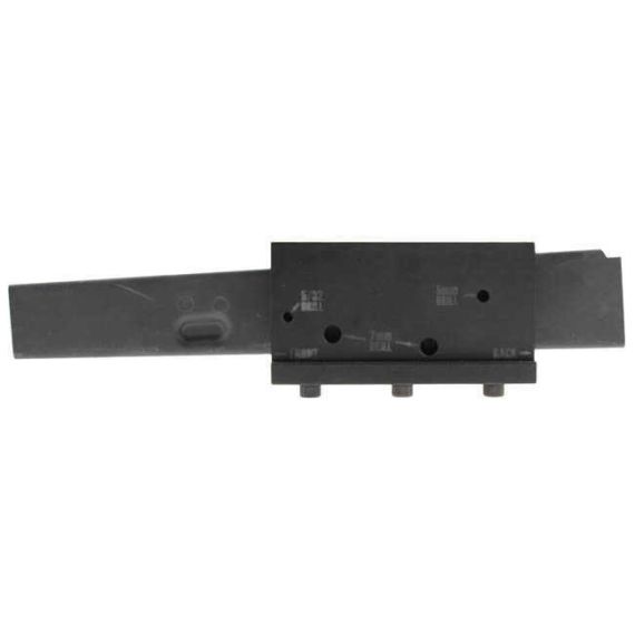 AK-Builder black oxide AKM receiver drilling fixture with 80% blank and laser-marked guides.
