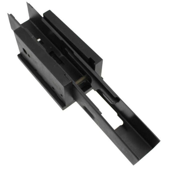 AK-Builder black oxide AKM 80% receiver drilling fixture, angled view of internal guide channels.