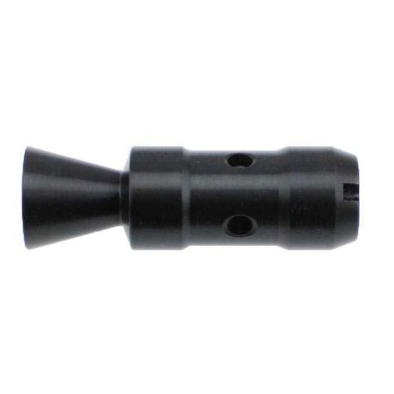 Black oxided 7.62 Krink 14-1 LH flash hider, side view showing cone and ports.