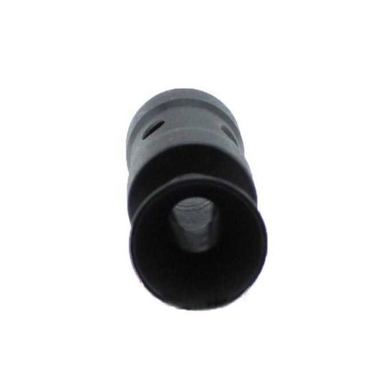 AK-Builder 7.62 Krink 14-1 LH flash hider, black oxided steel, angled front view.