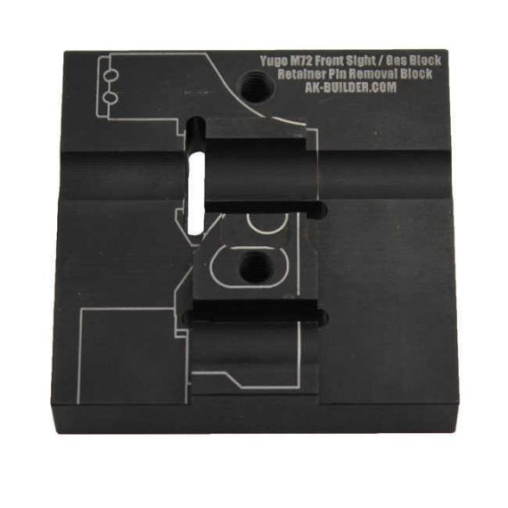 Top-down view of anodized AK-Builder Yugo M72 front sight/gas block pin removal block.