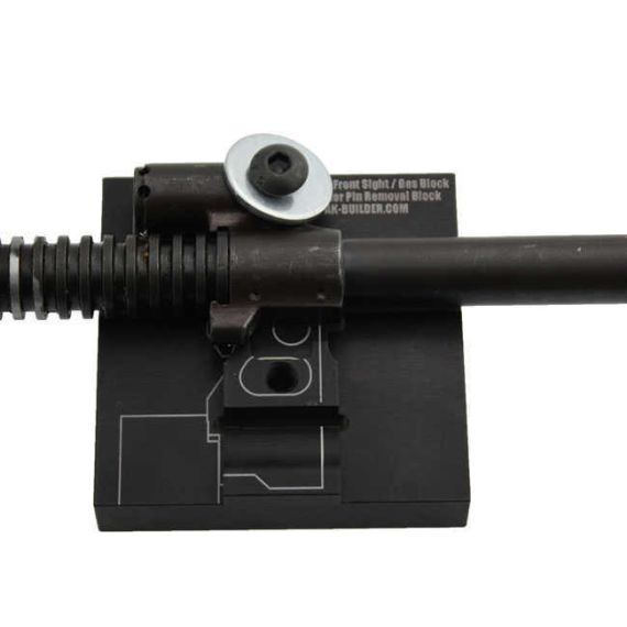 AK-Builder black anodized Yugo M72 pin removal block with gas block secured by bolt.