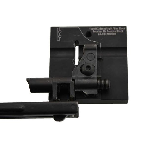 AK-Builder anodized Yugo M72 Front Sight/Gas Block removal block, engraved, with part clamped.