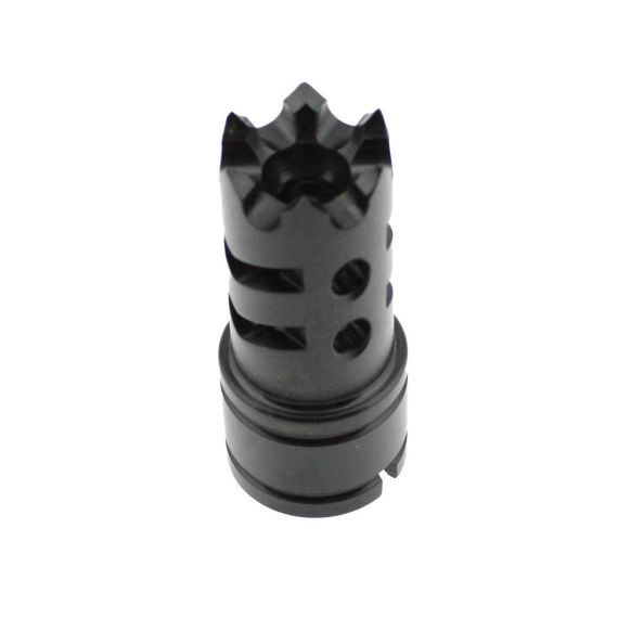 Black oxided Yugo M92/M85 26mm LH brake with castellated end and horizontal slots.