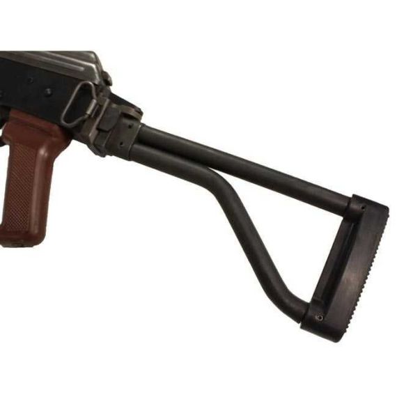 Angled view of black Polish Beryl AKM sidefolding stock, installed on receiver.