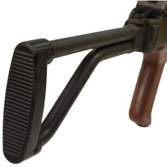 Angled view of black Polish Beryl AKM sidefolding stock mounted on receiver with ribbed buttpad.