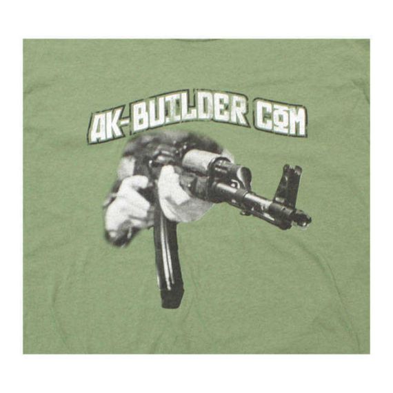 AK-Builder green t-shirt screenprint with two-color helicopter and logo text.