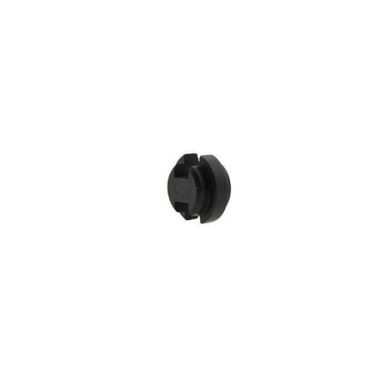 Angled view of AK recoil spring retainer with black finish, showing notched face.
