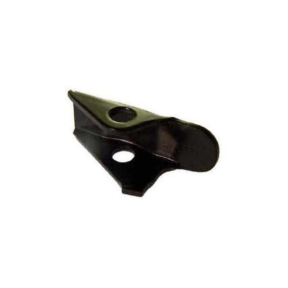 Angled close-up of blackened East German AK magazine catch, showing pin hole.