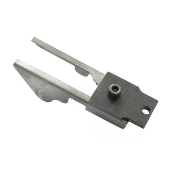 Angled view of AK-Builder steel Rail Alignment Fixture showing front clamp and screw.