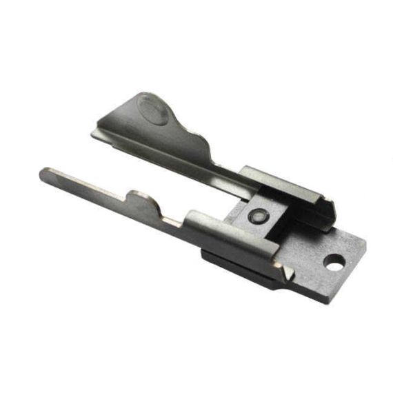 Angled view of AK-Builder steel rail alignment fixture with dark finish and clamping arm.