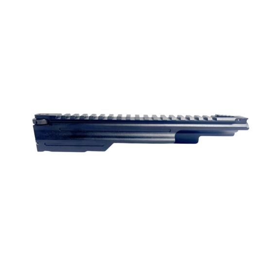 Side profile of matte black hard coat anodized 6061-T6 aluminum TDi AK/AKM dust cover with Picatinny rail.