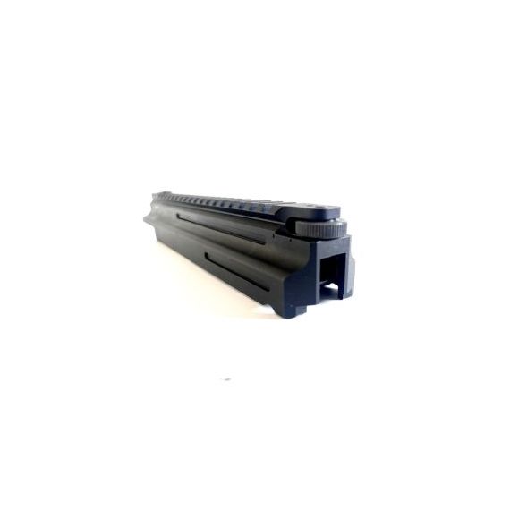Angled view of AK/AKM TDi dust cover, matte black hard coat anodized, with integrated Picatinny rail.